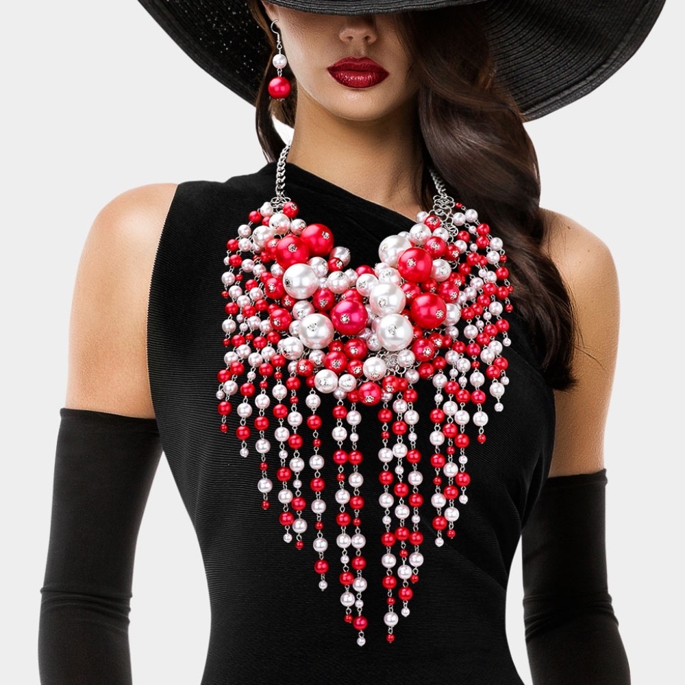 Red & White Pearl Cluster Statement Necklace Set